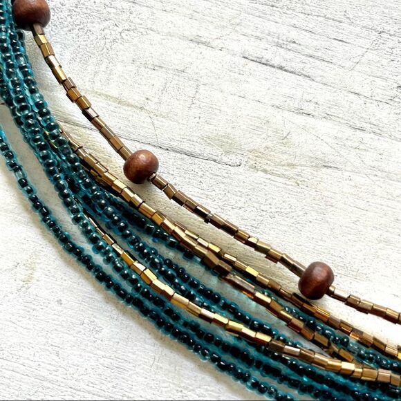 Blue and gold beaded multi strand wood pendant necklace - Picture 5 of 10